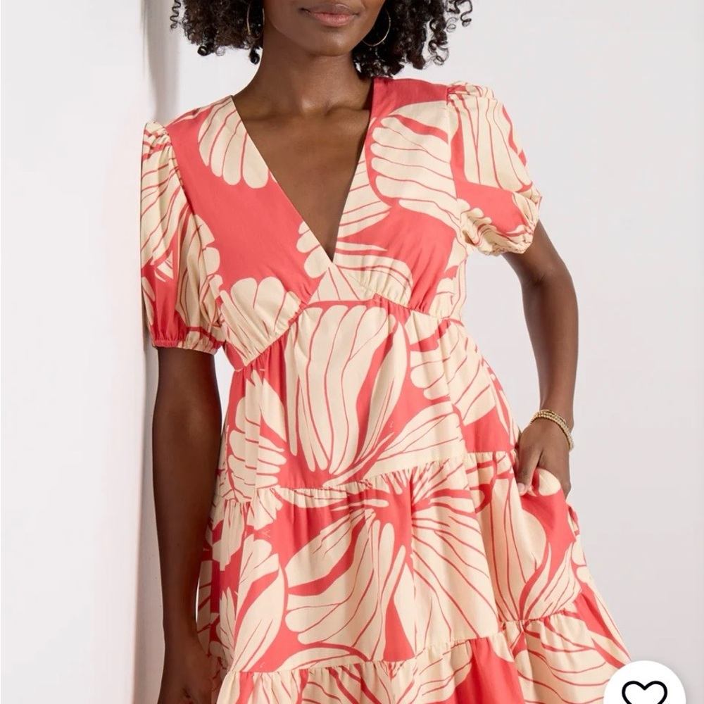 Hutch Evereve short sleeve Coral and Cream Floral V-Neck Dress small 100% cotton - Picture 4 of 8